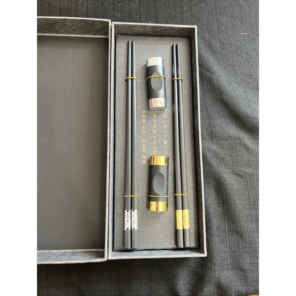 Black Wood Chopsticks Set 2 Pairs Gold‎ Silver Scroll Design with Rests Gift Box